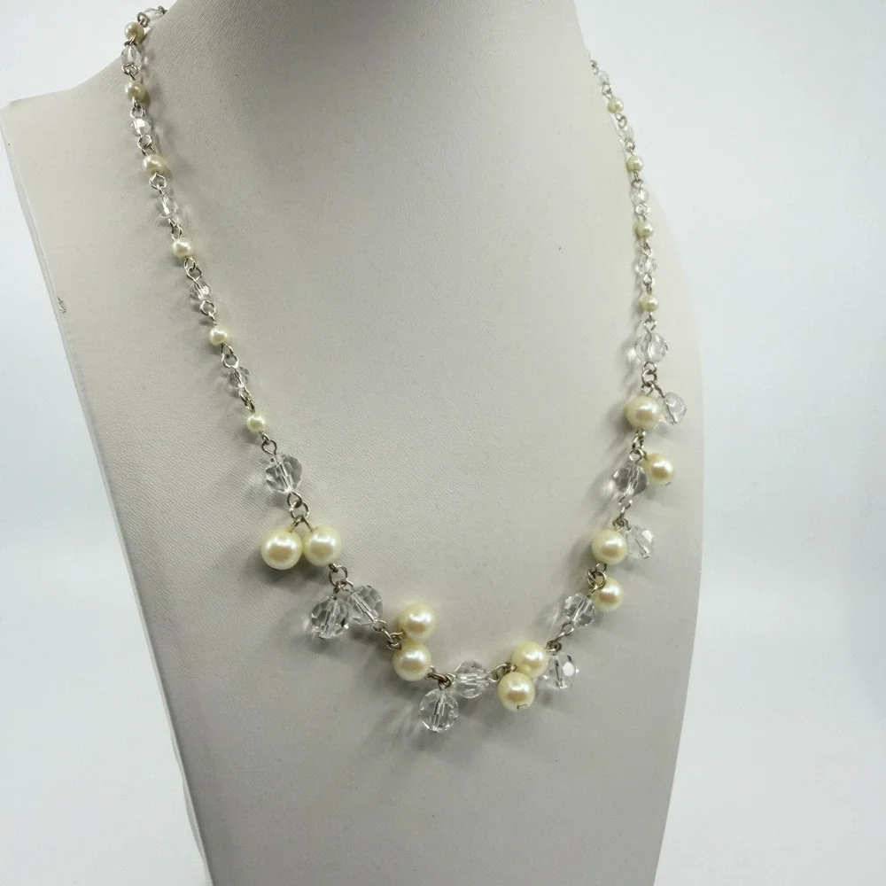 Elegant Faux Pearl & Clear Crystal Bead Statement Necklace Cottagecore Romantic